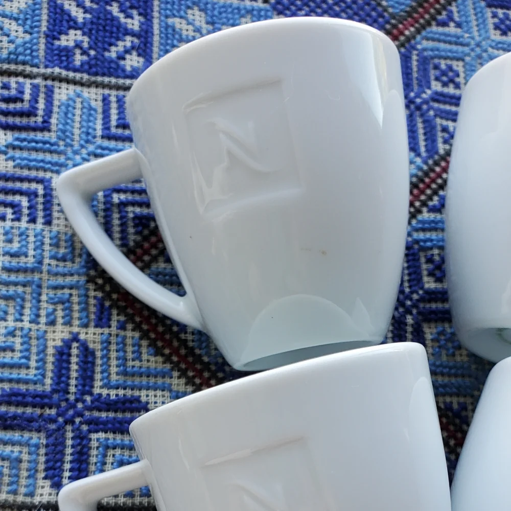 Set Of 4 Nespresso Demitasse Expresso White Mini Mugs Cups Embossed Logo 3